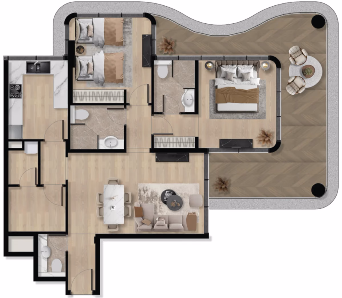תוכנית 2 חדרי שינה · 2BHK Type A ב־נדל"ן להשקעה Orvessa Residences, באזור Al Furjan, דובאי