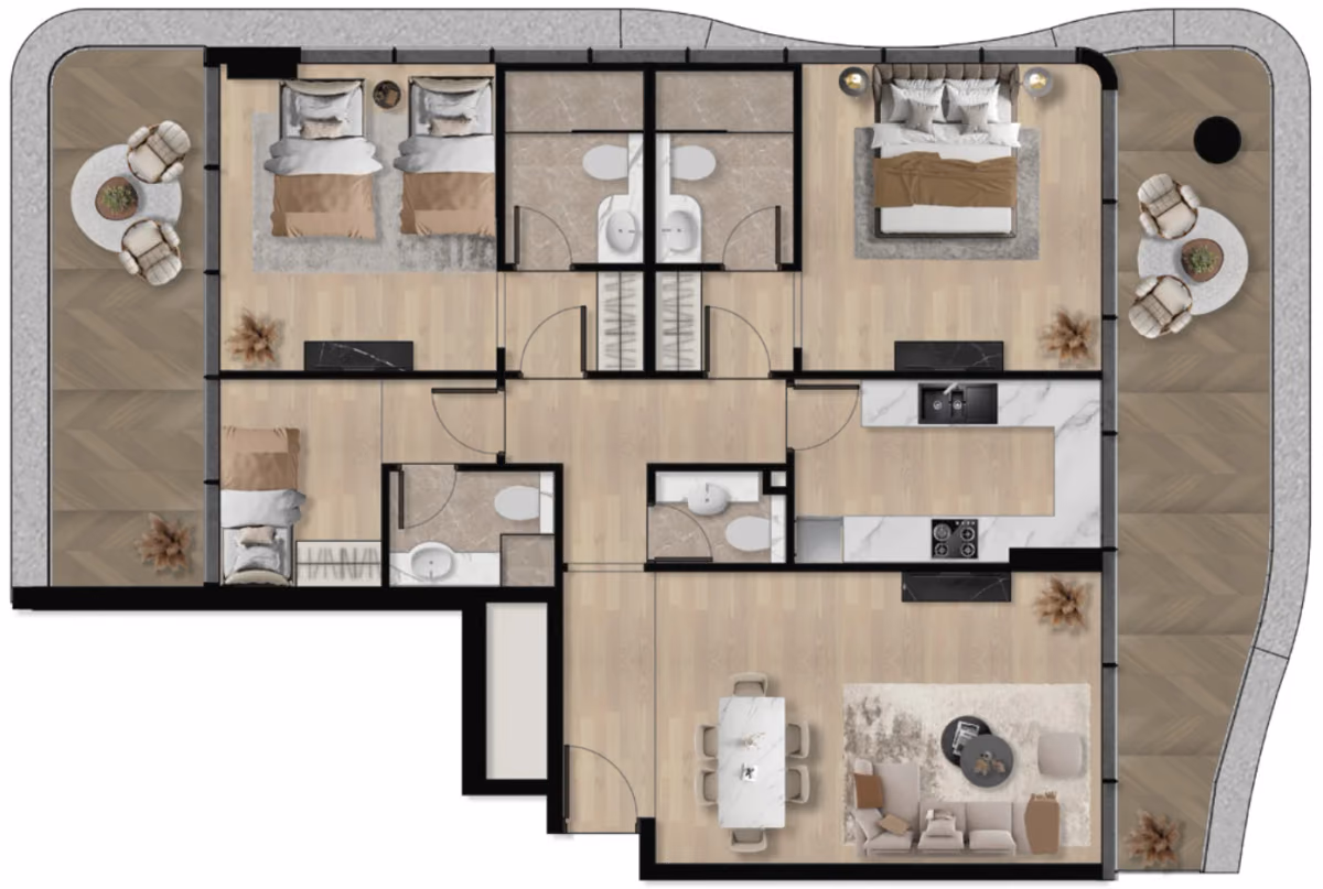 תוכנית 2 חדרי שינה · 2BHK Type B ב־נדל"ן להשקעה Orvessa Residences, באזור Al Furjan, דובאי