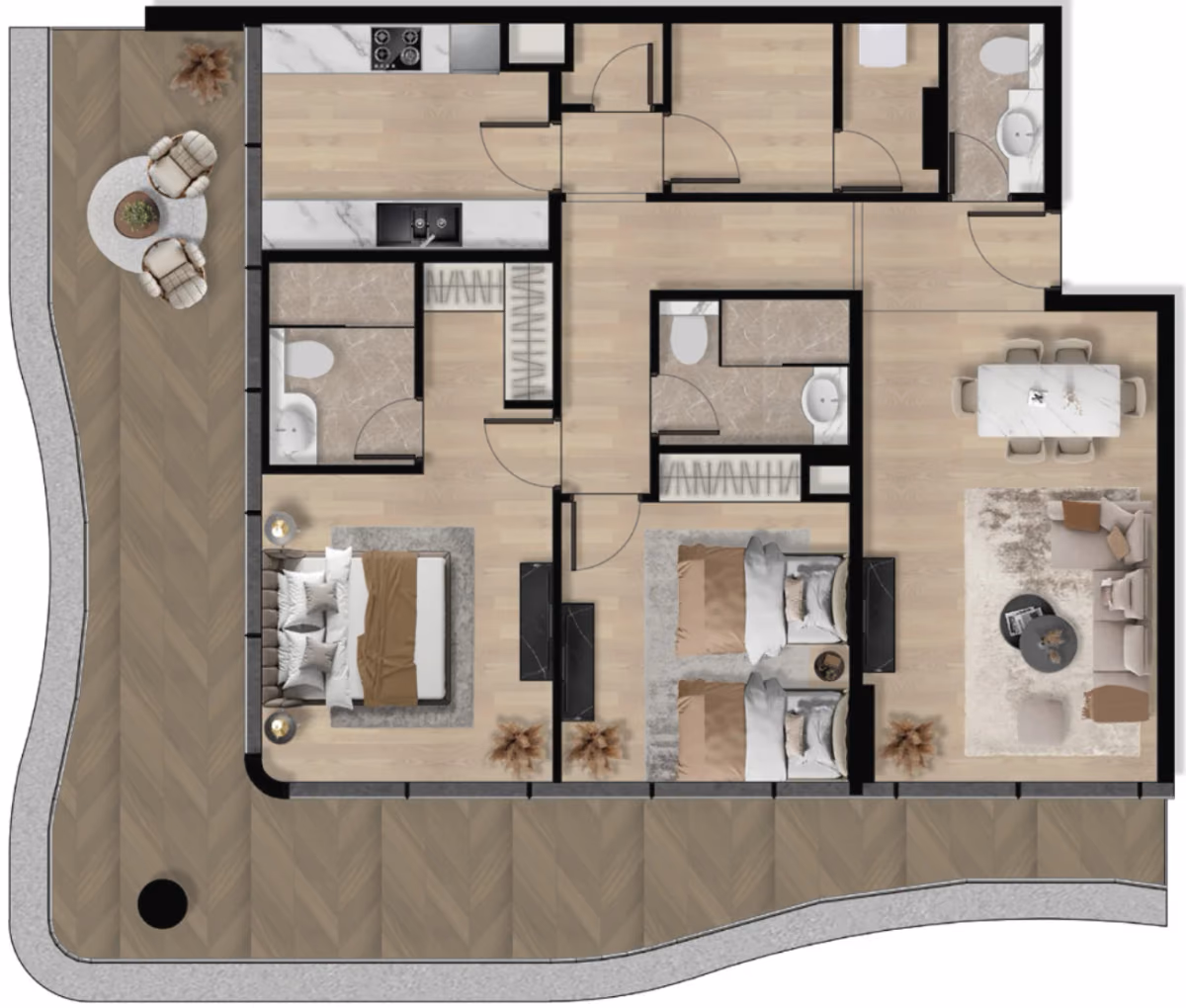 תוכנית 2 חדרי שינה · 2BHK Type C ב־נדל"ן להשקעה Orvessa Residences, באזור Al Furjan, דובאי