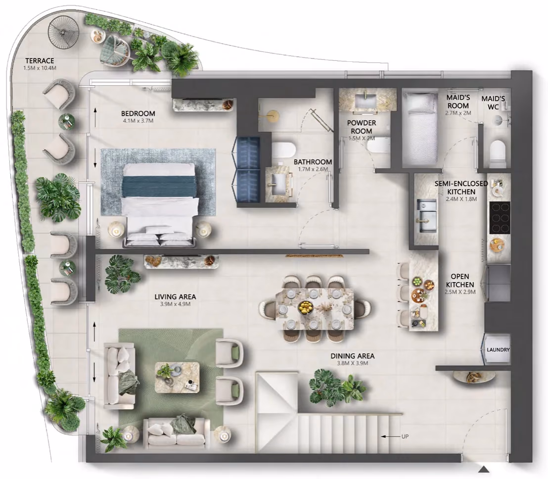 תוכנית 3 חדרי שינה · דופלקס · Duplex Type A ב־נדל"ן להשקעה Sensia by Beyond, באזור Maritime City, דובאי (קומה תחתונה)