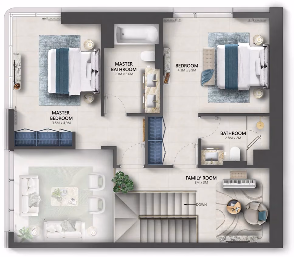 תוכנית 3 חדרי שינה · דופלקס · Duplex Type A ב־נדל"ן להשקעה Sensia by Beyond, באזור Maritime City, דובאי (קומה עליונה)