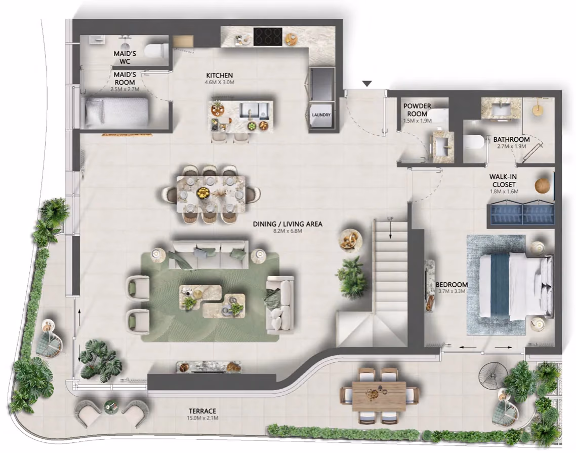 תוכנית 3 חדרי שינה · דופלקס · Duplex Type B ב־נדל"ן להשקעה Sensia by Beyond, באזור Maritime City, דובאי (קומה תחתונה)