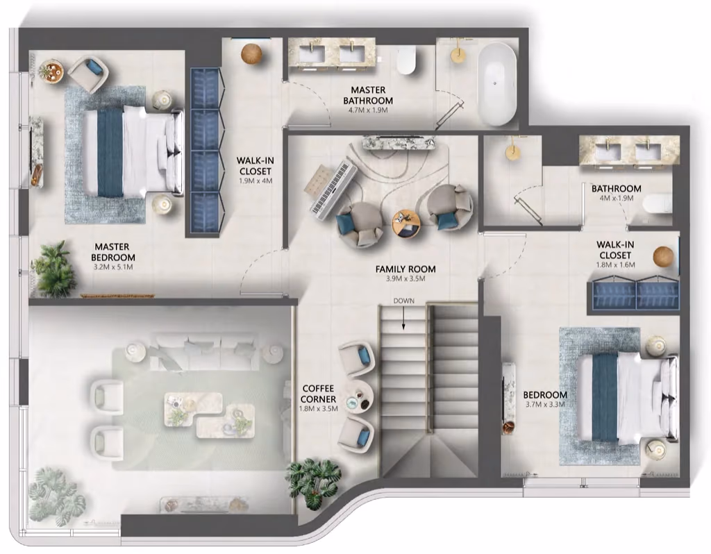 תוכנית 3 חדרי שינה · דופלקס · Duplex Type B ב־נדל"ן להשקעה Sensia by Beyond, באזור Maritime City, דובאי (קומה עליונה)