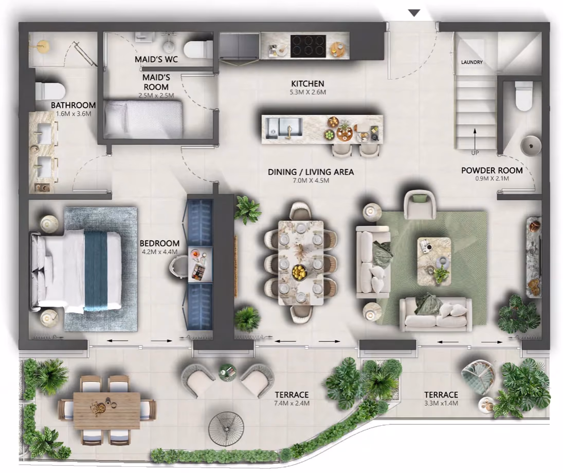 תוכנית 3 חדרי שינה · דופלקס · Duplex Type C ב־נדל"ן להשקעה Sensia by Beyond, באזור Maritime City, דובאי (קומה תחתונה)