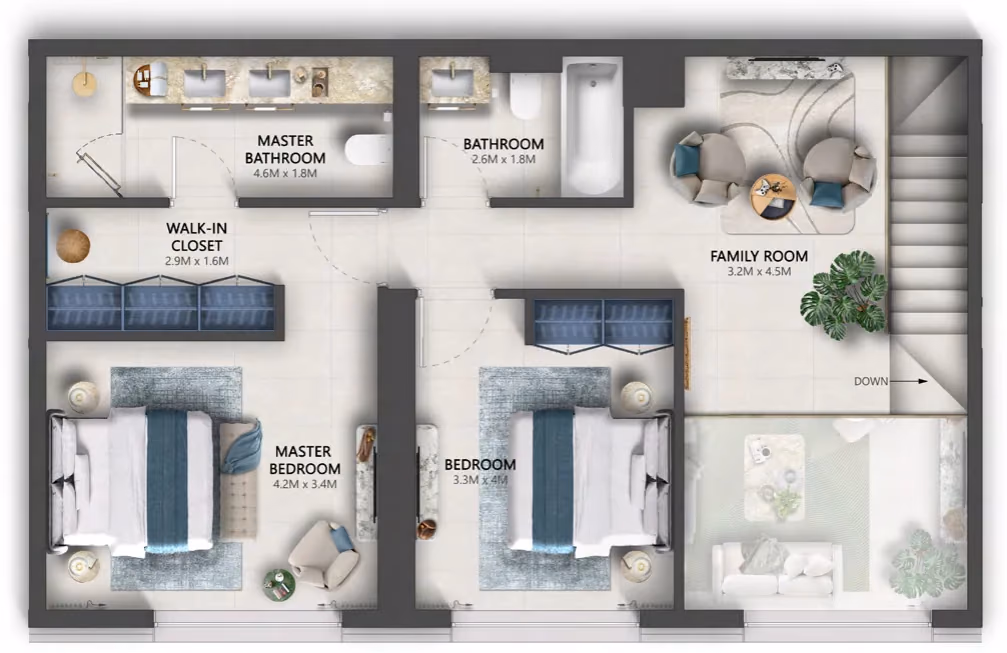 תוכנית 3 חדרי שינה · דופלקס · Duplex Type C ב־נדל"ן להשקעה Sensia by Beyond, באזור Maritime City, דובאי (קומה עליונה)
