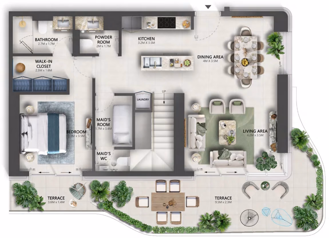 תוכנית 3 חדרי שינה · דופלקס · Duplex Type D ב־נדל"ן להשקעה Sensia by Beyond, באזור Maritime City, דובאי (קומה תחתונה)