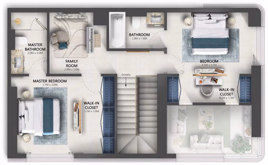 תוכנית 3 חדרי שינה · דופלקס · Duplex Type D ב־נדל"ן להשקעה Sensia by Beyond, באזור Maritime City, דובאי (קומה עליונה)