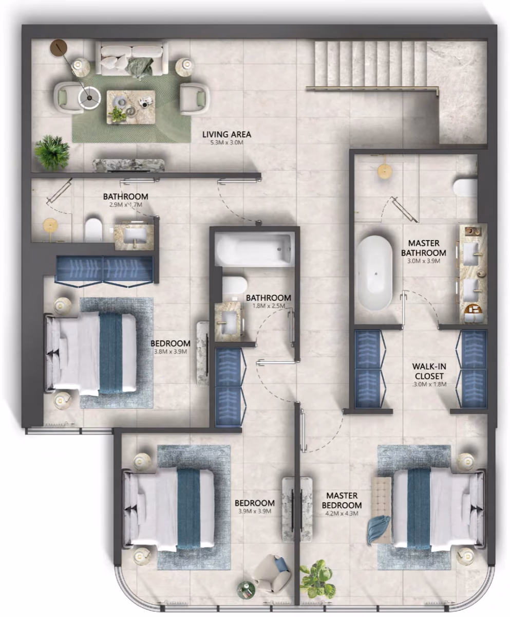 תוכנית 3 חדרי שינה · דופלקס · Maisonette 1 & 2 ב־נדל"ן להשקעה Sensia by Beyond, באזור Maritime City, דובאי (קומה עליונה)