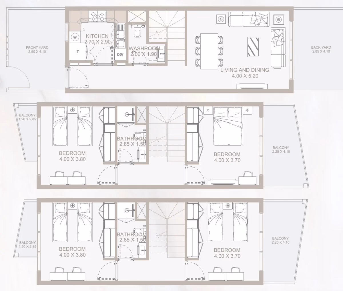 תוכנית 4 חדרי שינה · טאון האוס · 4B Townhouse Type B ב־נדל"ן להשקעה Reportage Perla Heights, באזור Yas Island, אבו דאבי