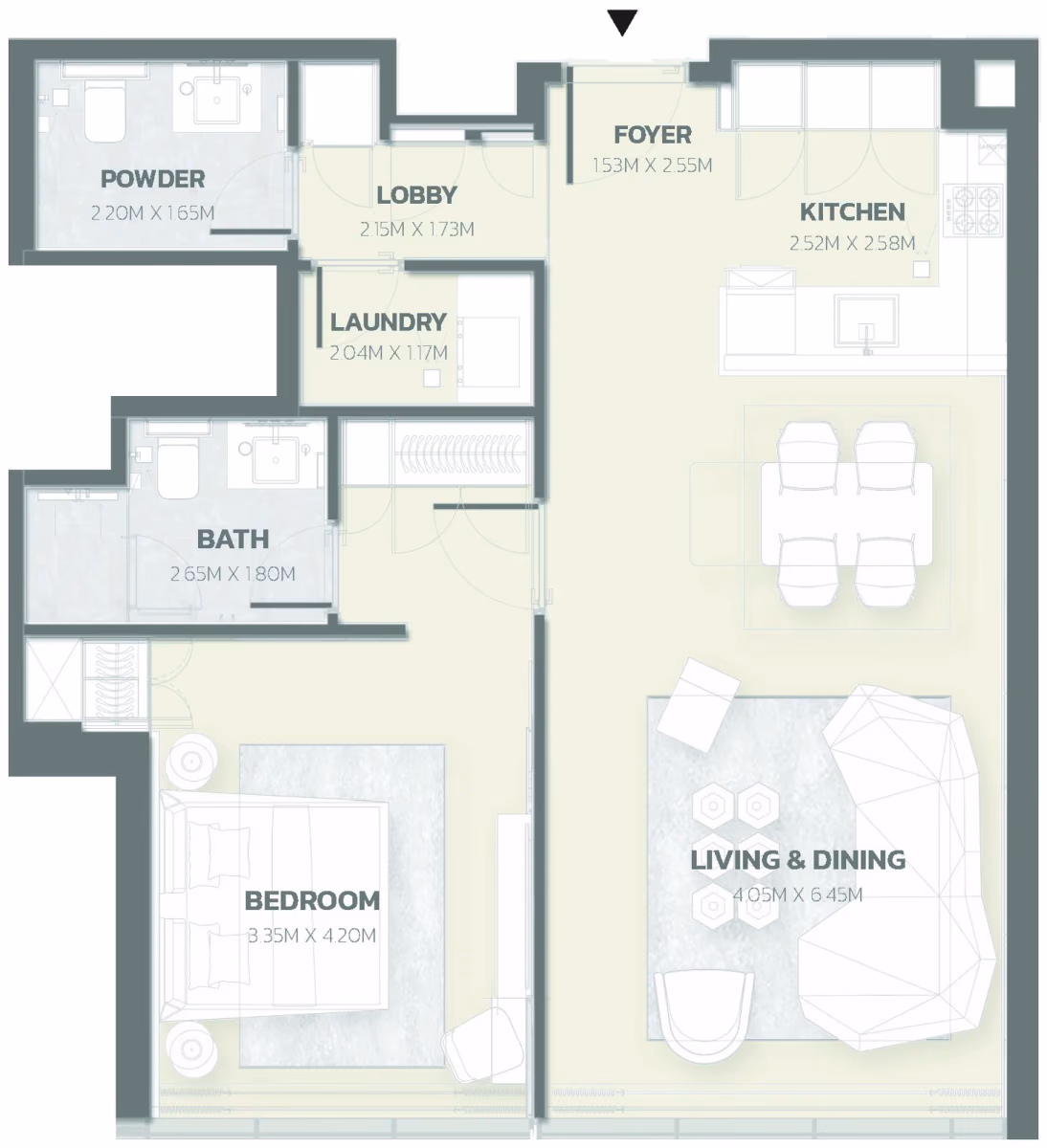 תוכנית חדר שינה אחד · Unit 208 ב־פרויקט למבורגיני Tonino Lamborghini Residences ב-Meydan דובאי