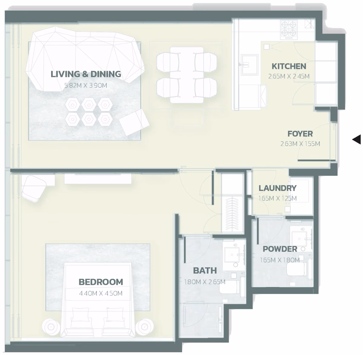 תוכנית חדר שינה אחד · Unit 214 ב־פרויקט למבורגיני Tonino Lamborghini Residences ב-Meydan דובאי