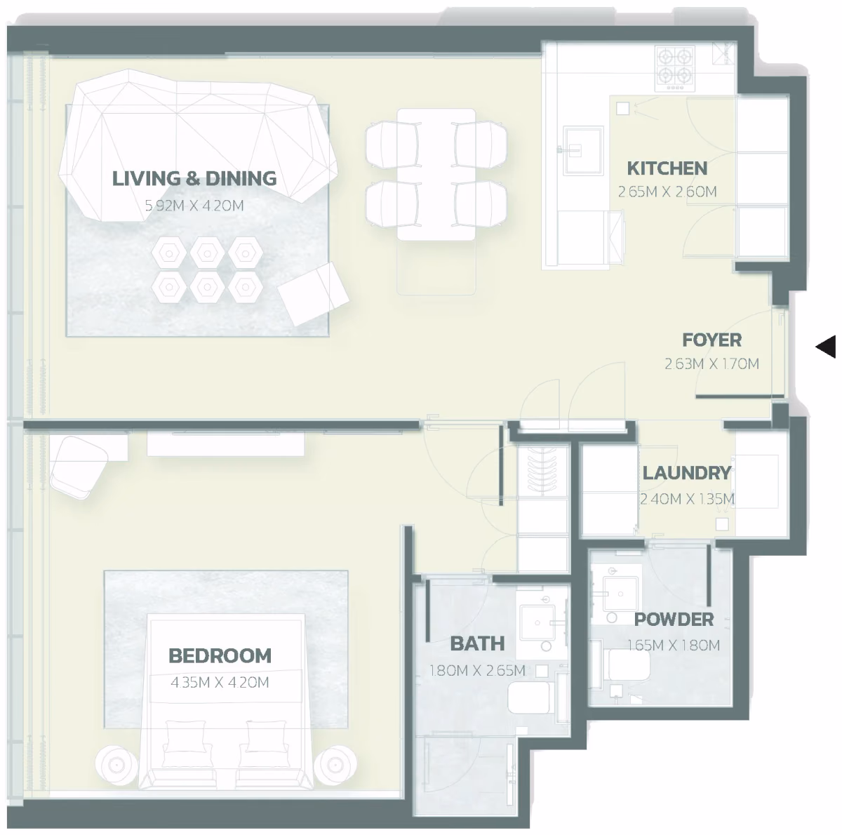 תוכנית חדר שינה אחד · Unit 216 ב־פרויקט למבורגיני Tonino Lamborghini Residences ב-Meydan דובאי