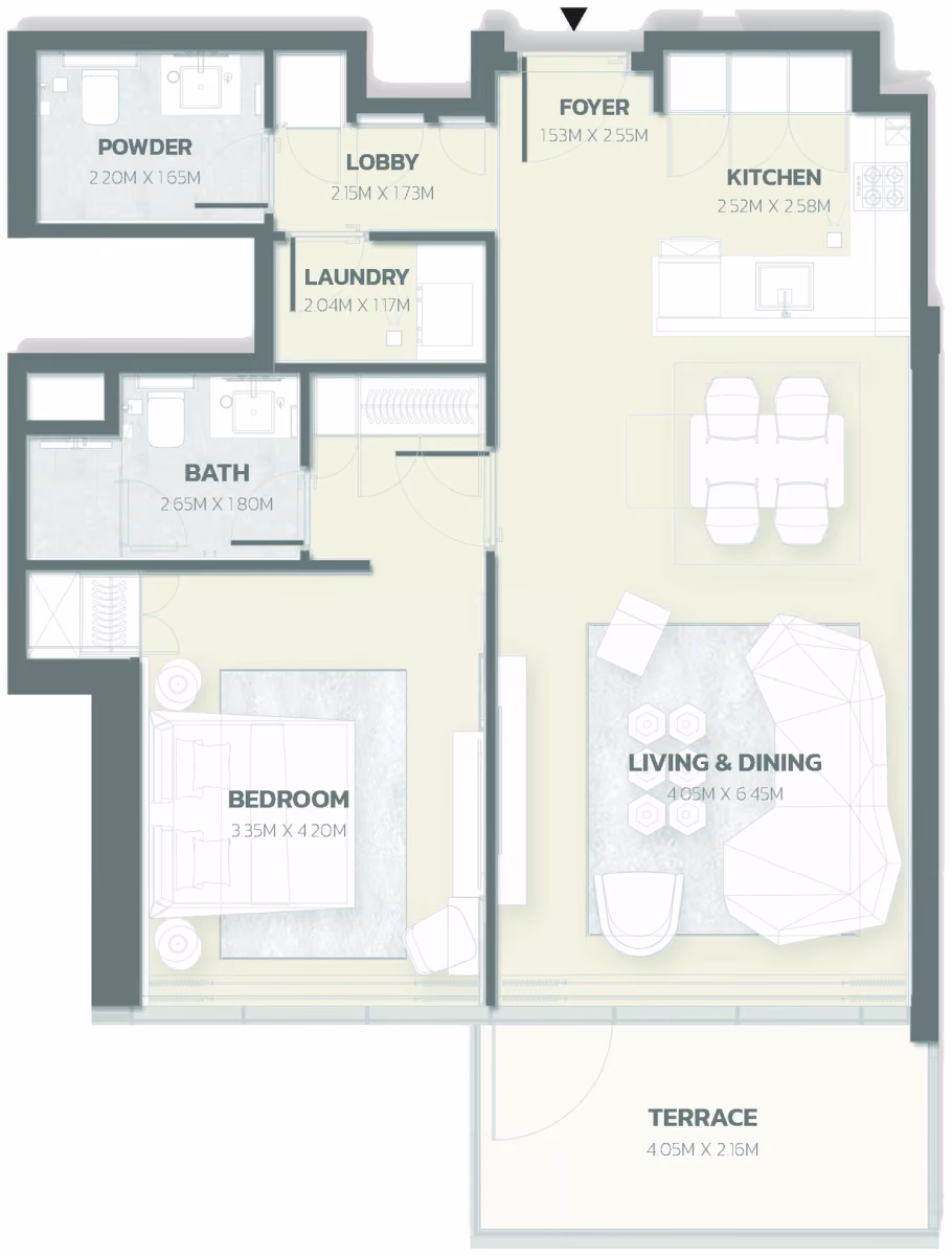 תוכנית חדר שינה אחד · Position 08 ב־פרויקט למבורגיני Tonino Lamborghini Residences ב-Meydan דובאי