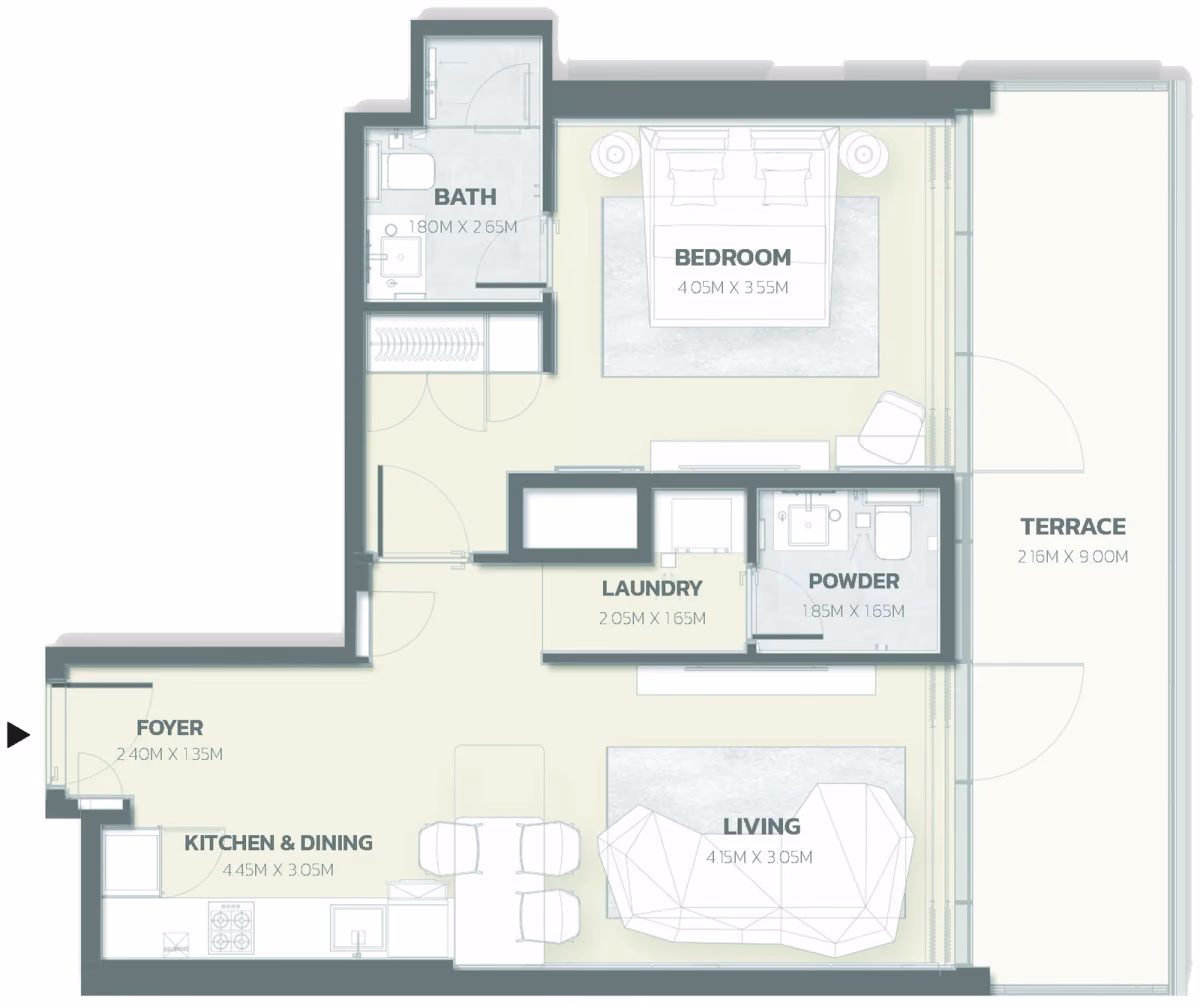 תוכנית חדר שינה אחד · Position 12 ב־פרויקט למבורגיני Tonino Lamborghini Residences ב-Meydan דובאי