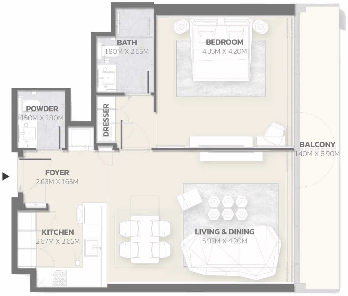 תוכנית חדר שינה אחד · Unit 116 ב־פרויקט למבורגיני Tonino Lamborghini Residences ב-Meydan דובאי