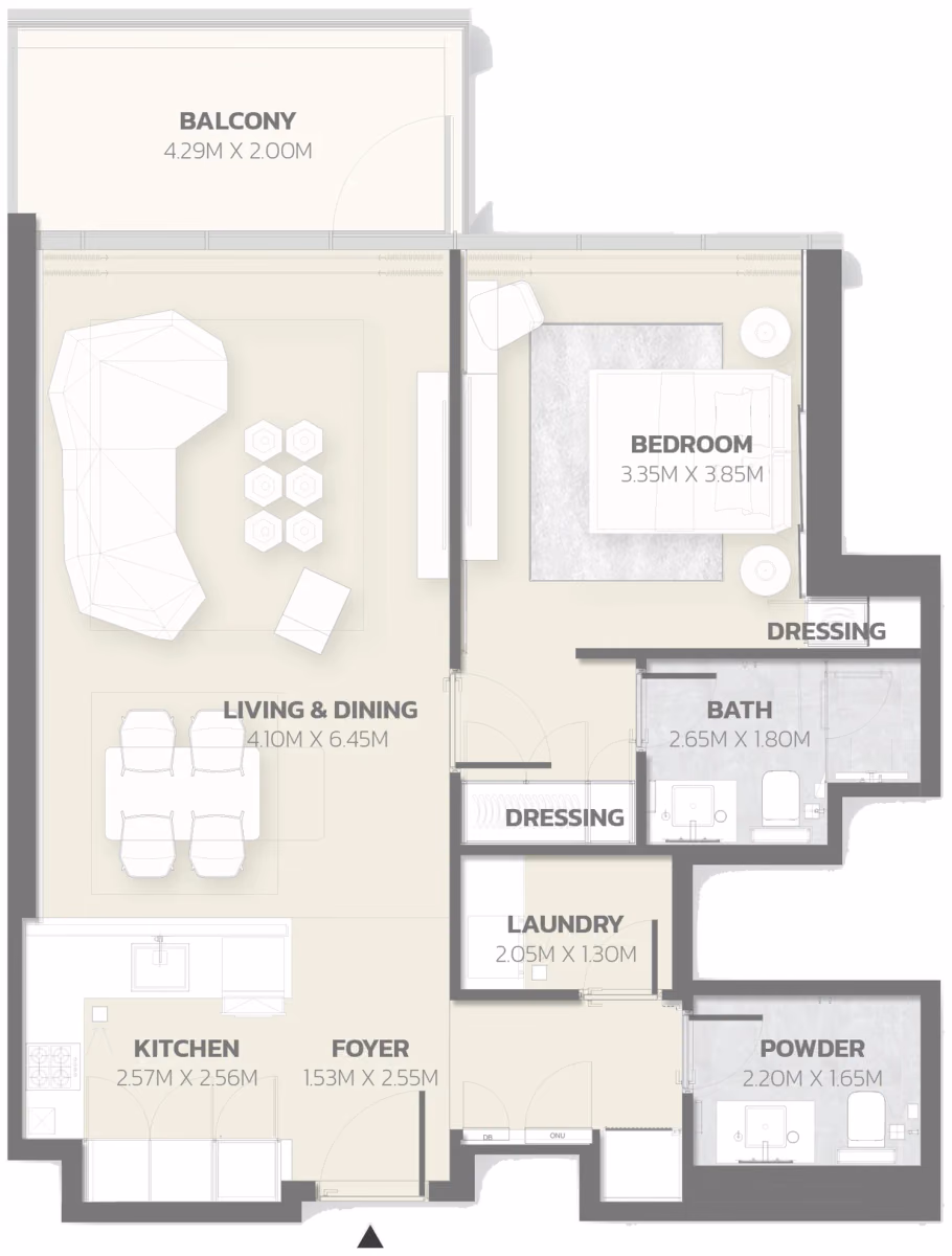 תוכנית חדר שינה אחד · Unit 208 ב־פרויקט למבורגיני Tonino Lamborghini Residences ב-Meydan דובאי