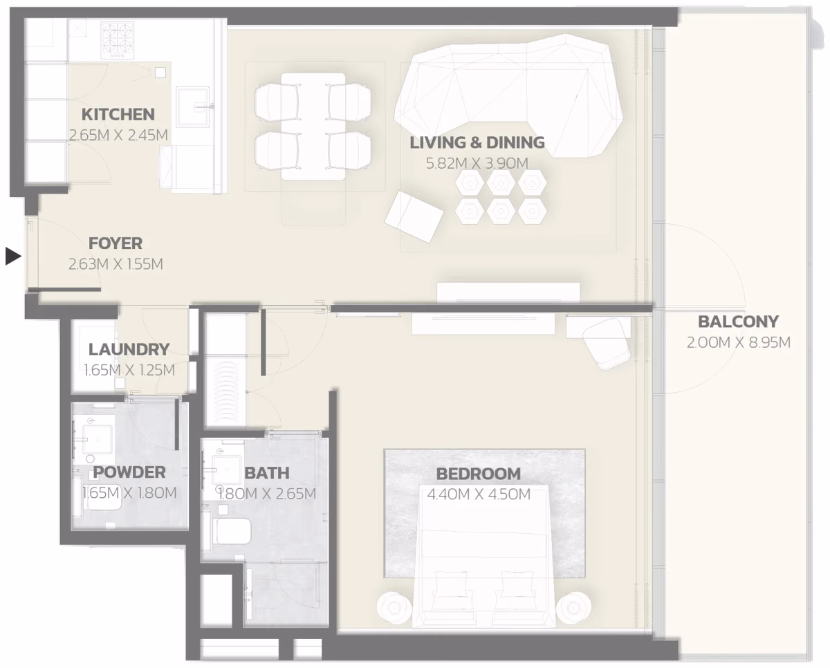 תוכנית חדר שינה אחד · Unit 415 ב־פרויקט למבורגיני Tonino Lamborghini Residences ב-Meydan דובאי