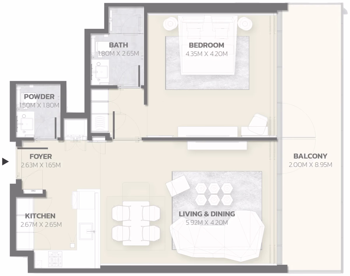 תוכנית חדר שינה אחד · Unit 417 ב־פרויקט למבורגיני Tonino Lamborghini Residences ב-Meydan דובאי