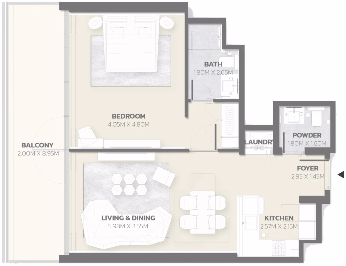 תוכנית חדר שינה אחד · Unit 508 ב־פרויקט למבורגיני Tonino Lamborghini Residences ב-Meydan דובאי
