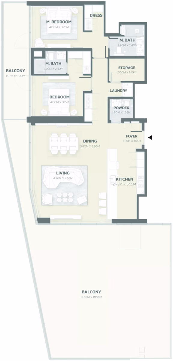 תוכנית 2 חדרי שינה · Unit 1011 ב־פרויקט למבורגיני Tonino Lamborghini Residences ב-Meydan דובאי