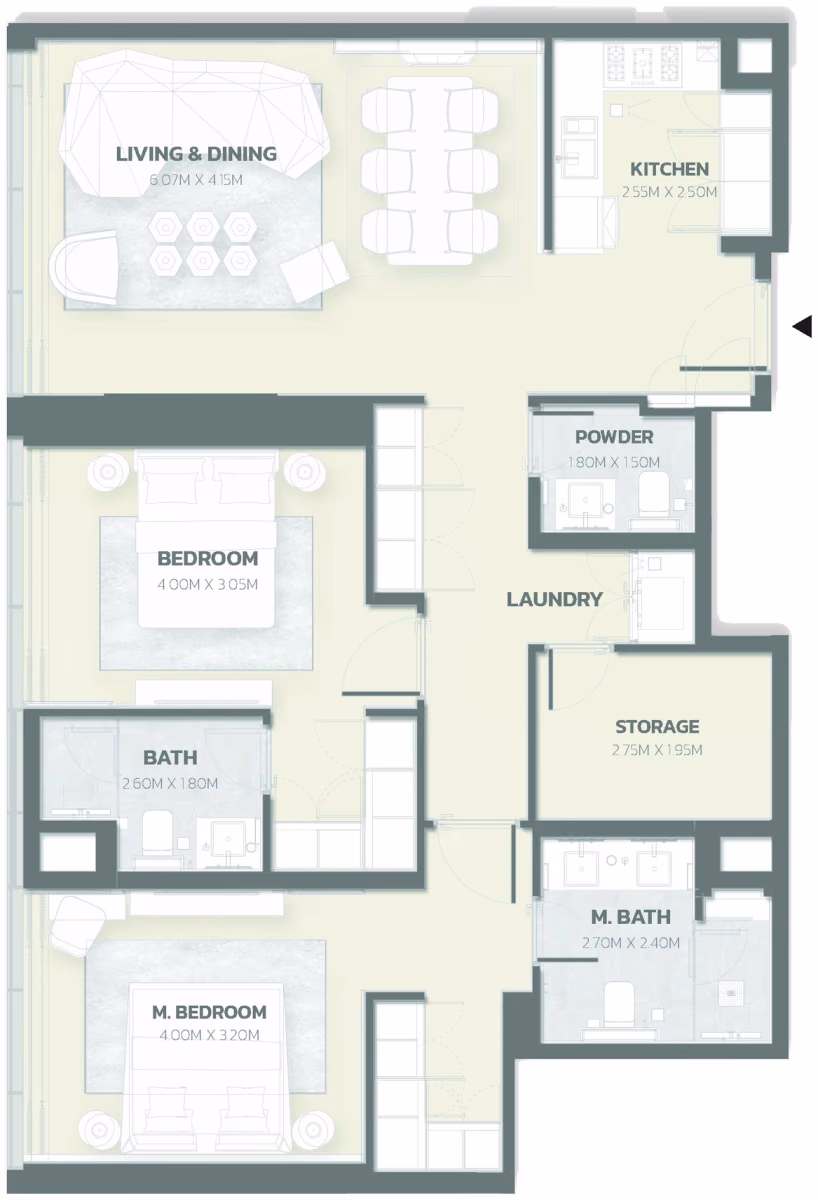 תוכנית 2 חדרי שינה · Unit 201 ב־פרויקט למבורגיני Tonino Lamborghini Residences ב-Meydan דובאי