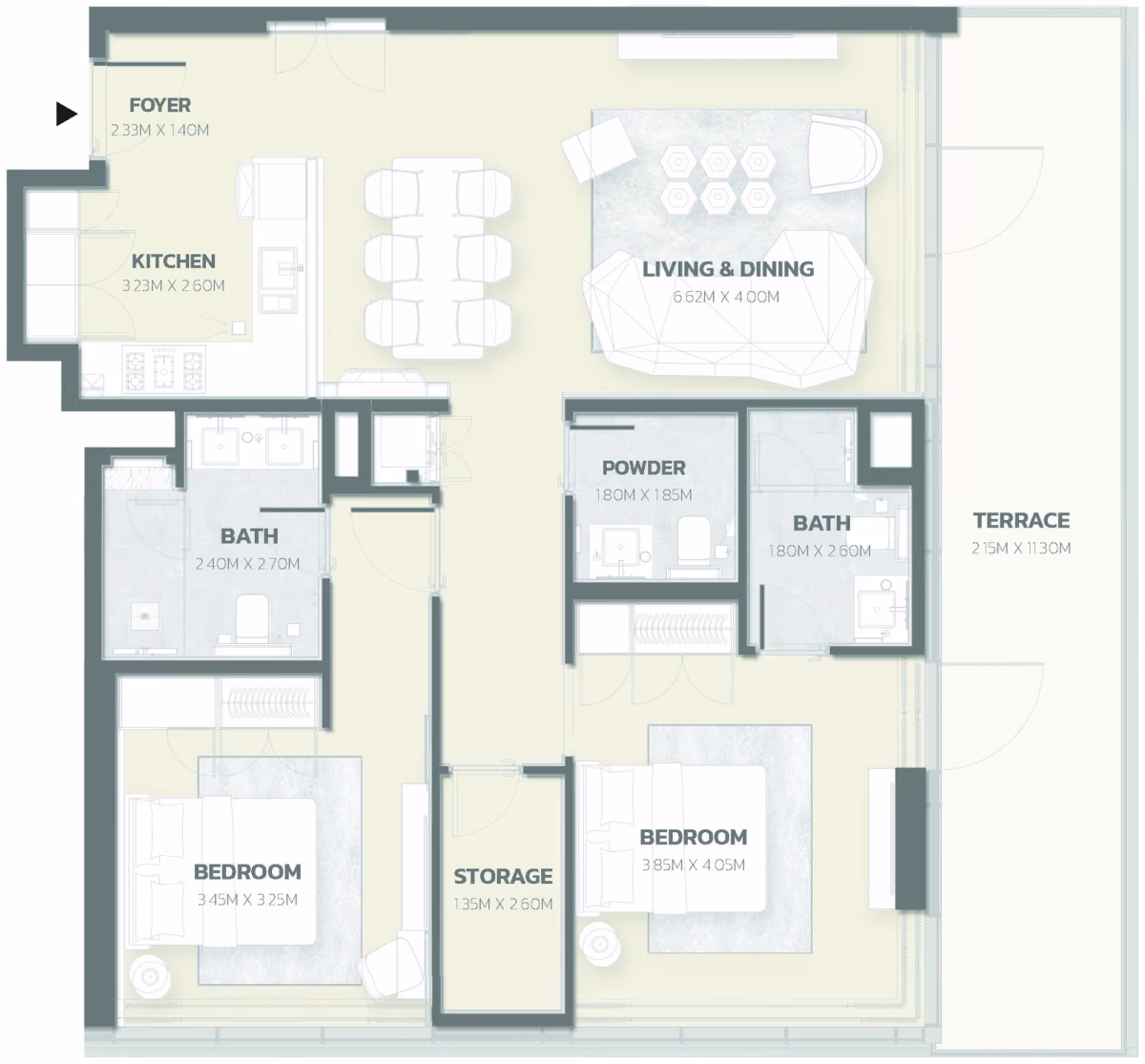 תוכנית 2 חדרי שינה · Unit 713 ב־פרויקט למבורגיני Tonino Lamborghini Residences ב-Meydan דובאי