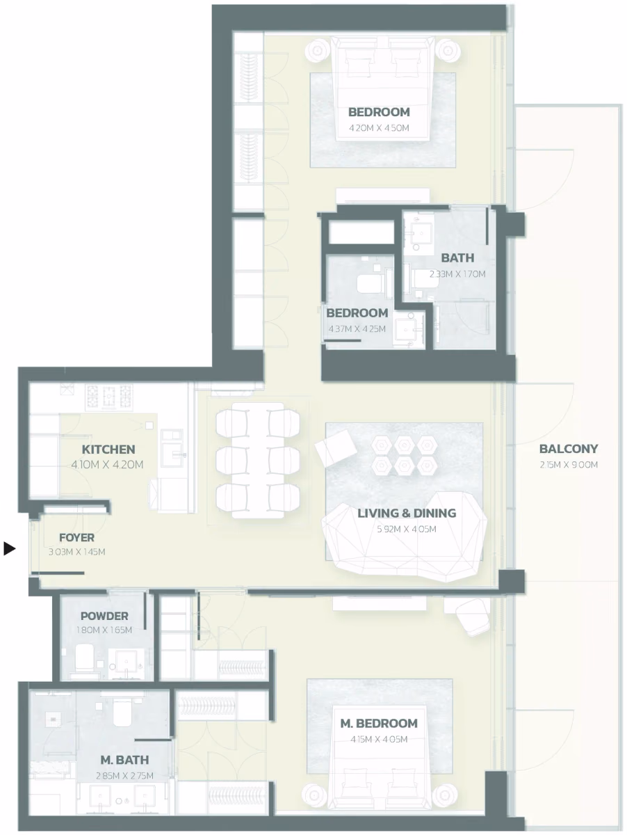תוכנית 2 חדרי שינה · Unit 909 ב־פרויקט למבורגיני Tonino Lamborghini Residences ב-Meydan דובאי