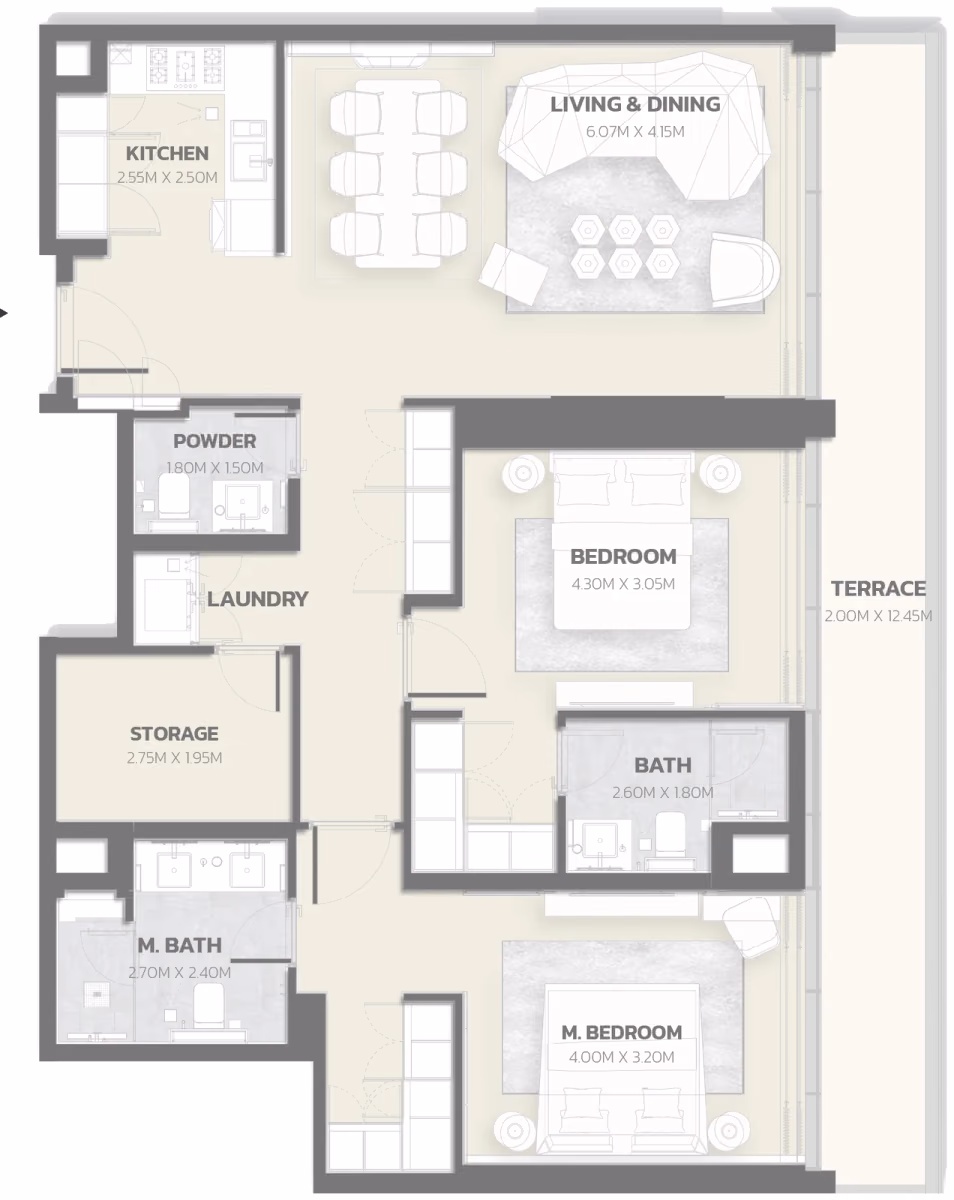 תוכנית 2 חדרי שינה · Unit 201 ב־פרויקט למבורגיני Tonino Lamborghini Residences ב-Meydan דובאי