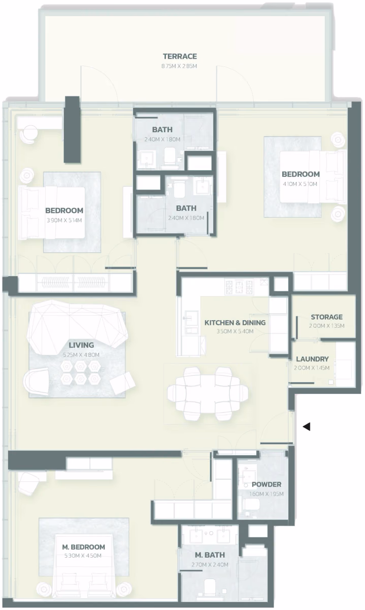 תוכנית 3 חדרי שינה · Unit 202 ב־פרויקט למבורגיני Tonino Lamborghini Residences ב-Meydan דובאי