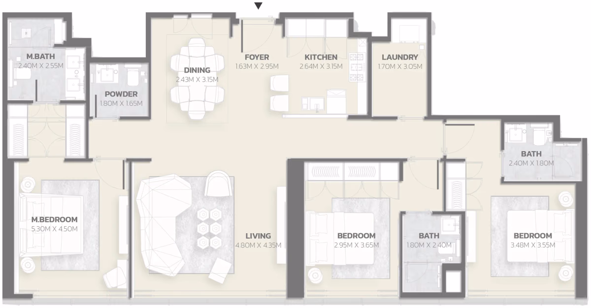תוכנית 3 חדרי שינה · Unit 101 ב־פרויקט למבורגיני Tonino Lamborghini Residences ב-Meydan דובאי