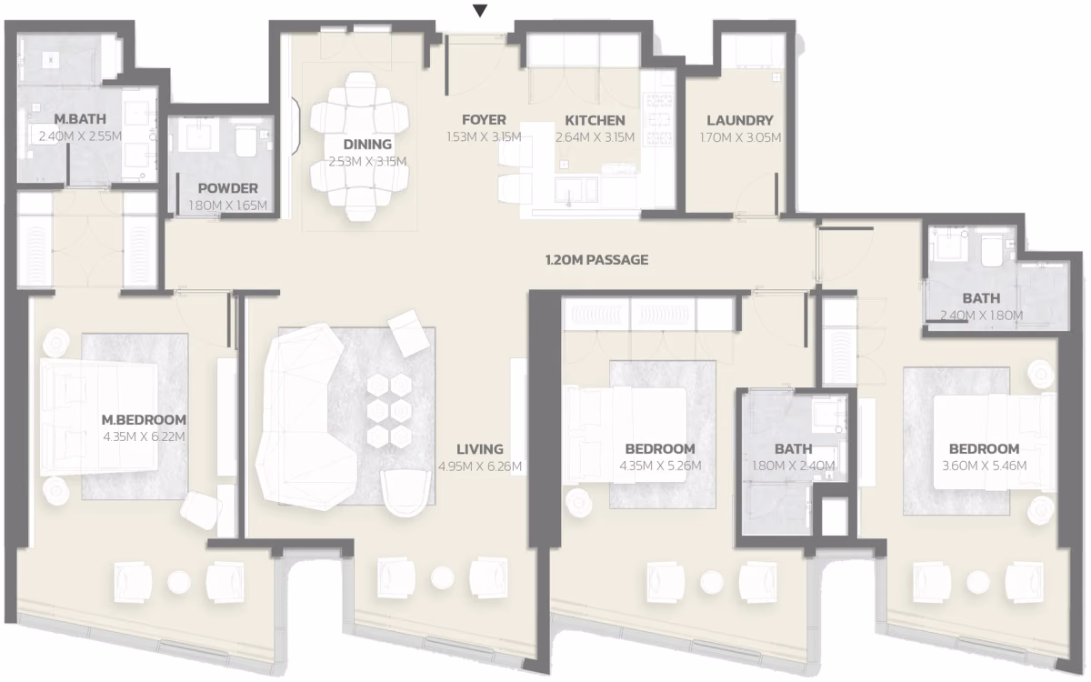 תוכנית 3 חדרי שינה · Unit 203 ב־פרויקט למבורגיני Tonino Lamborghini Residences ב-Meydan דובאי