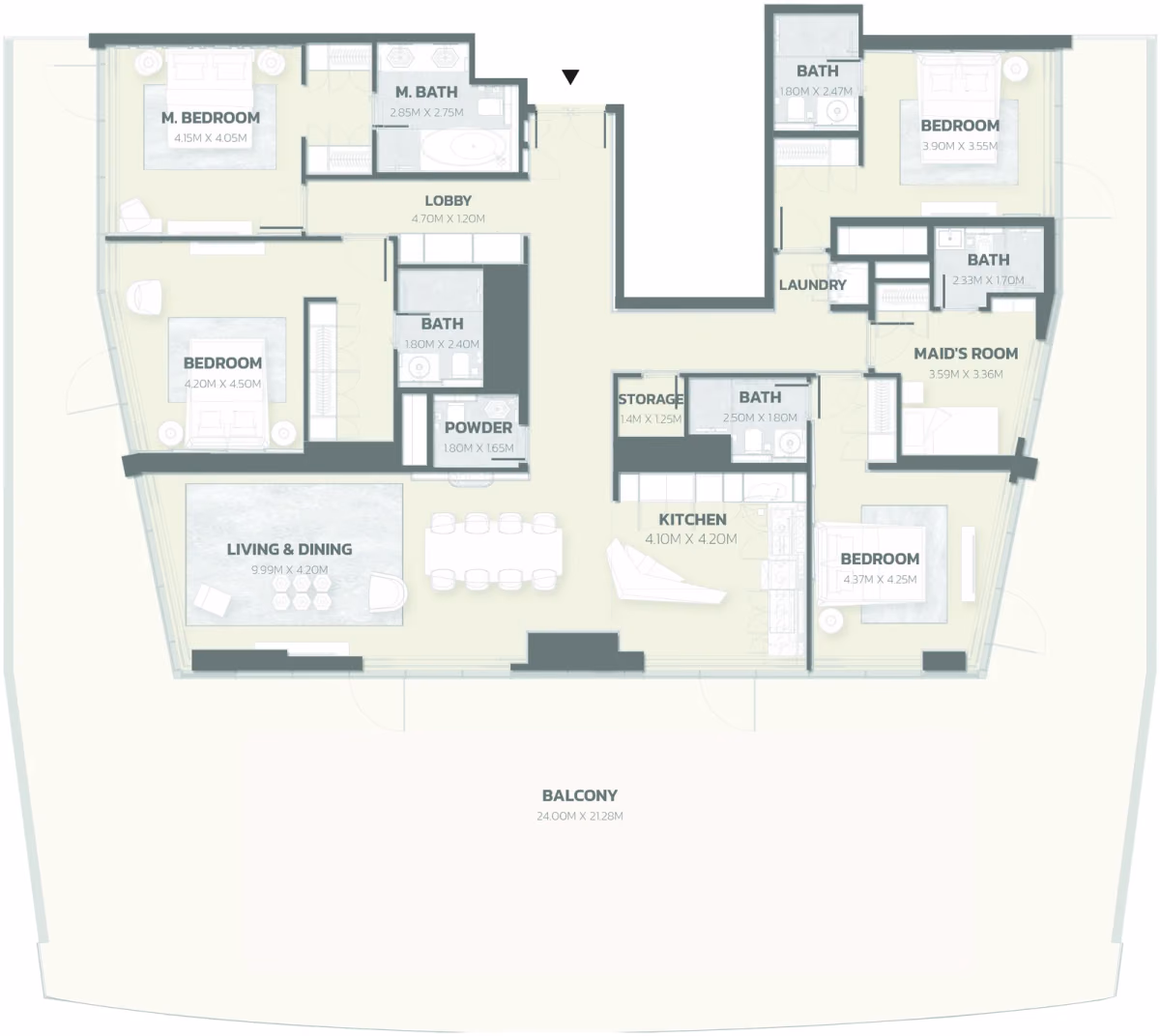תוכנית 4 חדרי שינה · Unit 812 ב־פרויקט למבורגיני Tonino Lamborghini Residences ב-Meydan דובאי