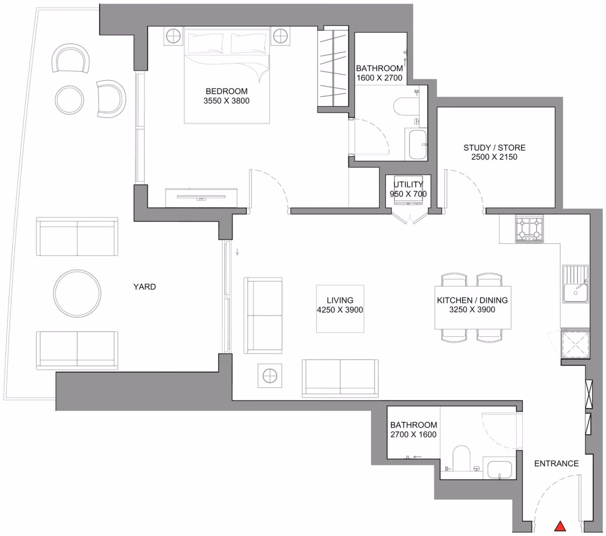 תוכנית חדר שינה אחד · Type B - Variant 1 ב־נדל"ן להשקעה Sobha Skyscape Avenue, באזור Sobha Hartland 2, דובאי
