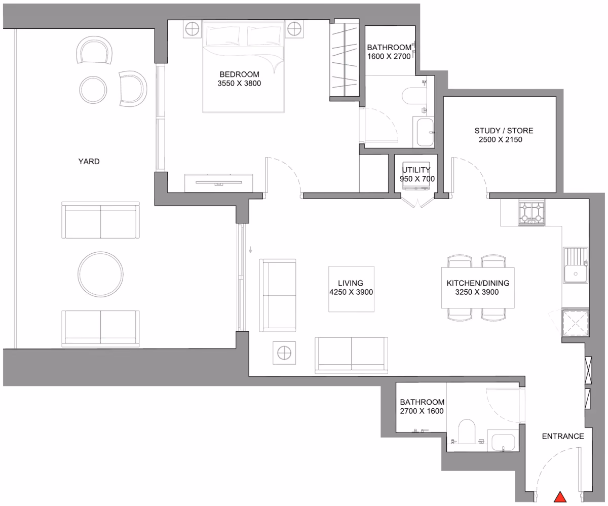 תוכנית חדר שינה אחד · Type B - Variant 2 ב־נדל"ן להשקעה Sobha Skyscape Avenue, באזור Sobha Hartland 2, דובאי