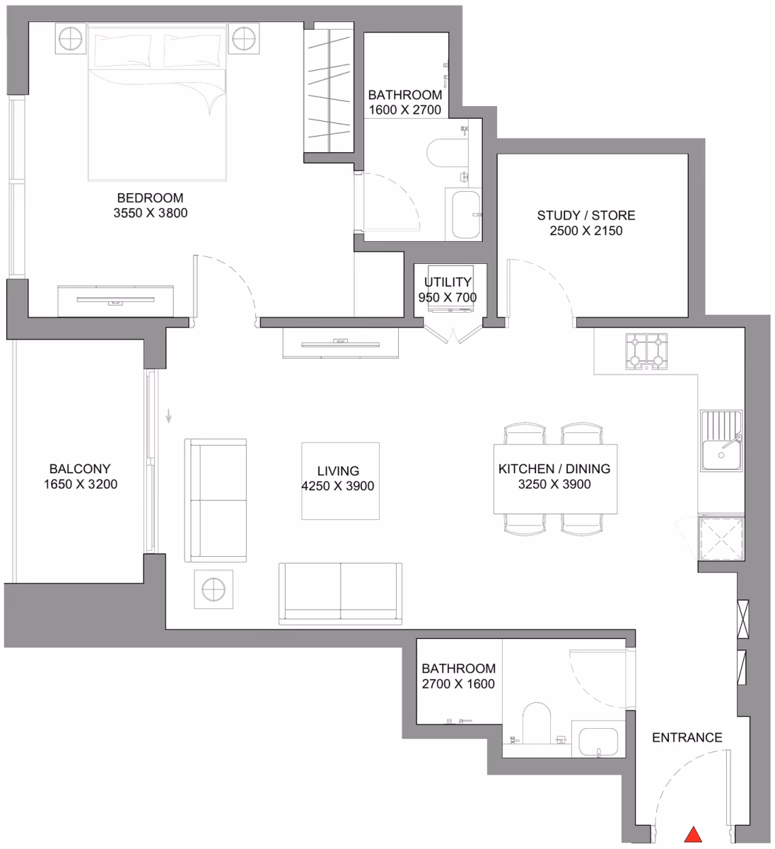 תוכנית חדר שינה אחד · Type B ב־נדל"ן להשקעה Sobha Skyscape Avenue, באזור Sobha Hartland 2, דובאי