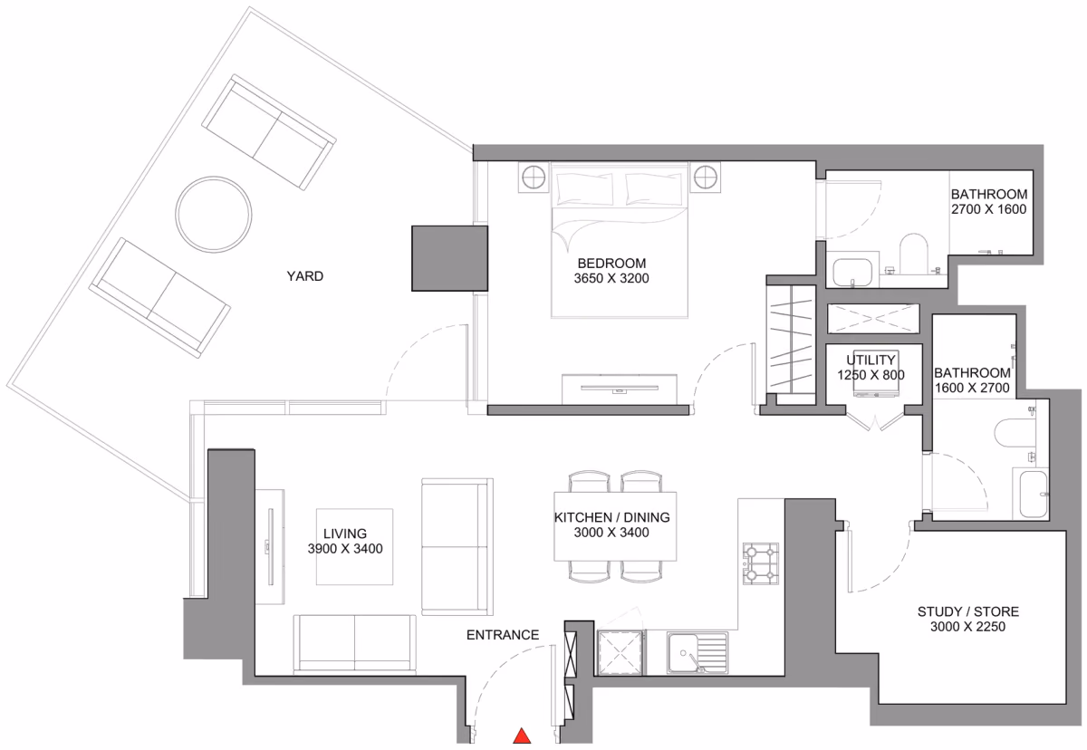 תוכנית חדר שינה אחד · Type C - Variant 1 ב־נדל"ן להשקעה Sobha Skyscape Avenue, באזור Sobha Hartland 2, דובאי