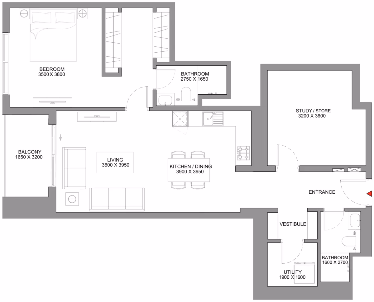 תוכנית חדר שינה אחד · Type E ב־נדל"ן להשקעה Sobha Skyscape Avenue, באזור Sobha Hartland 2, דובאי