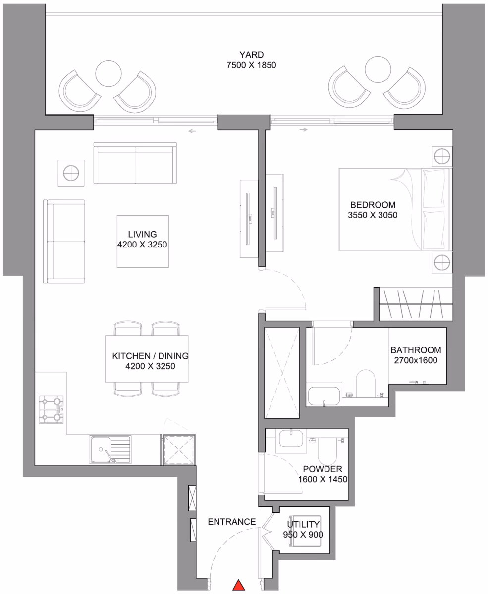 תוכנית חדר שינה אחד · Type B - Variant 2 ב־נדל"ן להשקעה Sobha Skyscape Avenue, באזור Sobha Hartland 2, דובאי