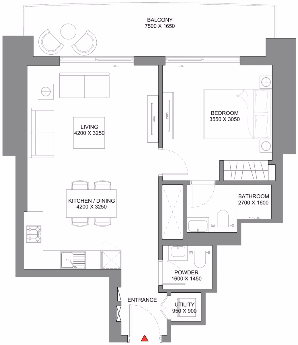 תוכנית חדר שינה אחד · Type B ב־נדל"ן להשקעה Sobha Skyscape Avenue, באזור Sobha Hartland 2, דובאי