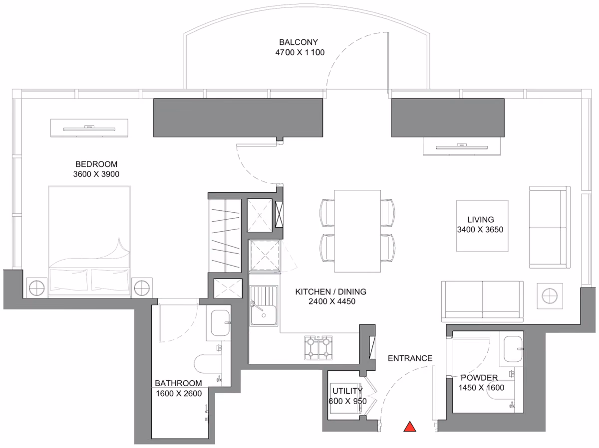 תוכנית חדר שינה אחד · Type C - Variant 1 ב־נדל"ן להשקעה Sobha Skyscape Avenue, באזור Sobha Hartland 2, דובאי