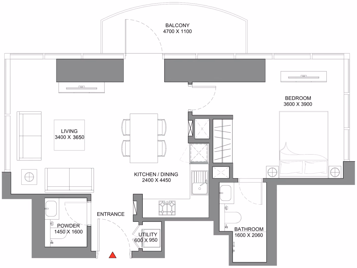 תוכנית חדר שינה אחד · Type C ב־נדל"ן להשקעה Sobha Skyscape Avenue, באזור Sobha Hartland 2, דובאי
