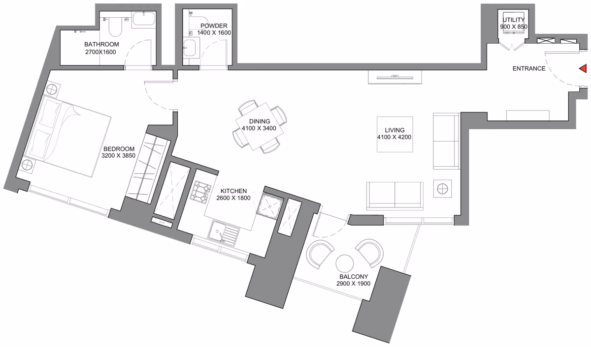 תוכנית חדר שינה אחד · Type D ב־נדל"ן להשקעה Sobha Skyscape Avenue, באזור Sobha Hartland 2, דובאי