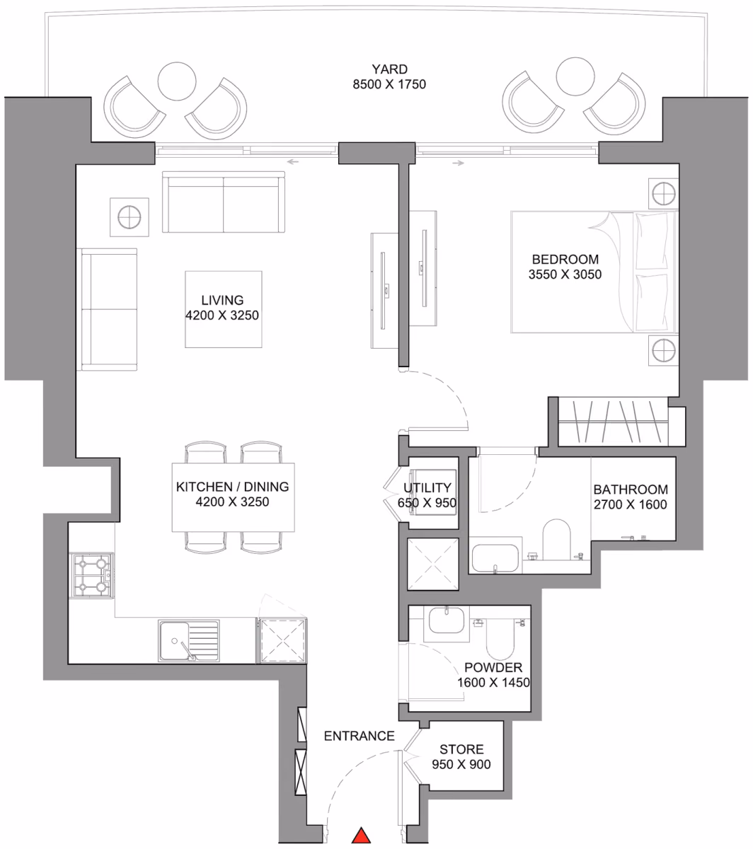 תוכנית חדר שינה אחד · Type E - Variant 1 ב־נדל"ן להשקעה Sobha Skyscape Avenue, באזור Sobha Hartland 2, דובאי
