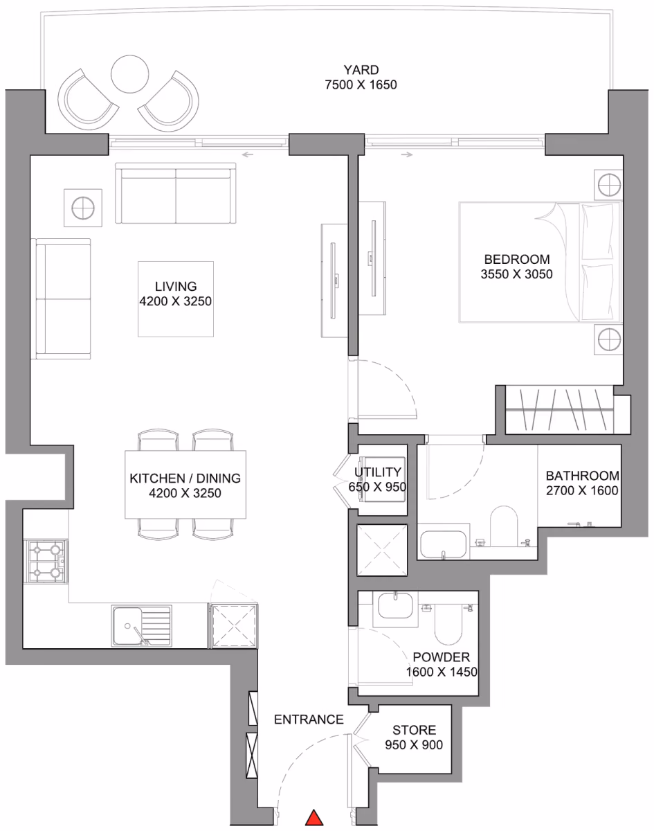 תוכנית חדר שינה אחד · Type E ב־נדל"ן להשקעה Sobha Skyscape Avenue, באזור Sobha Hartland 2, דובאי