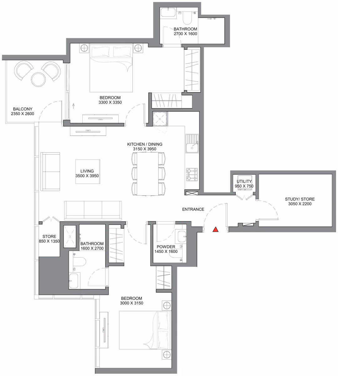 תוכנית 2 חדרי שינה · Type A - Variant 1 ב־נדל"ן להשקעה Sobha Skyscape Avenue, באזור Sobha Hartland 2, דובאי