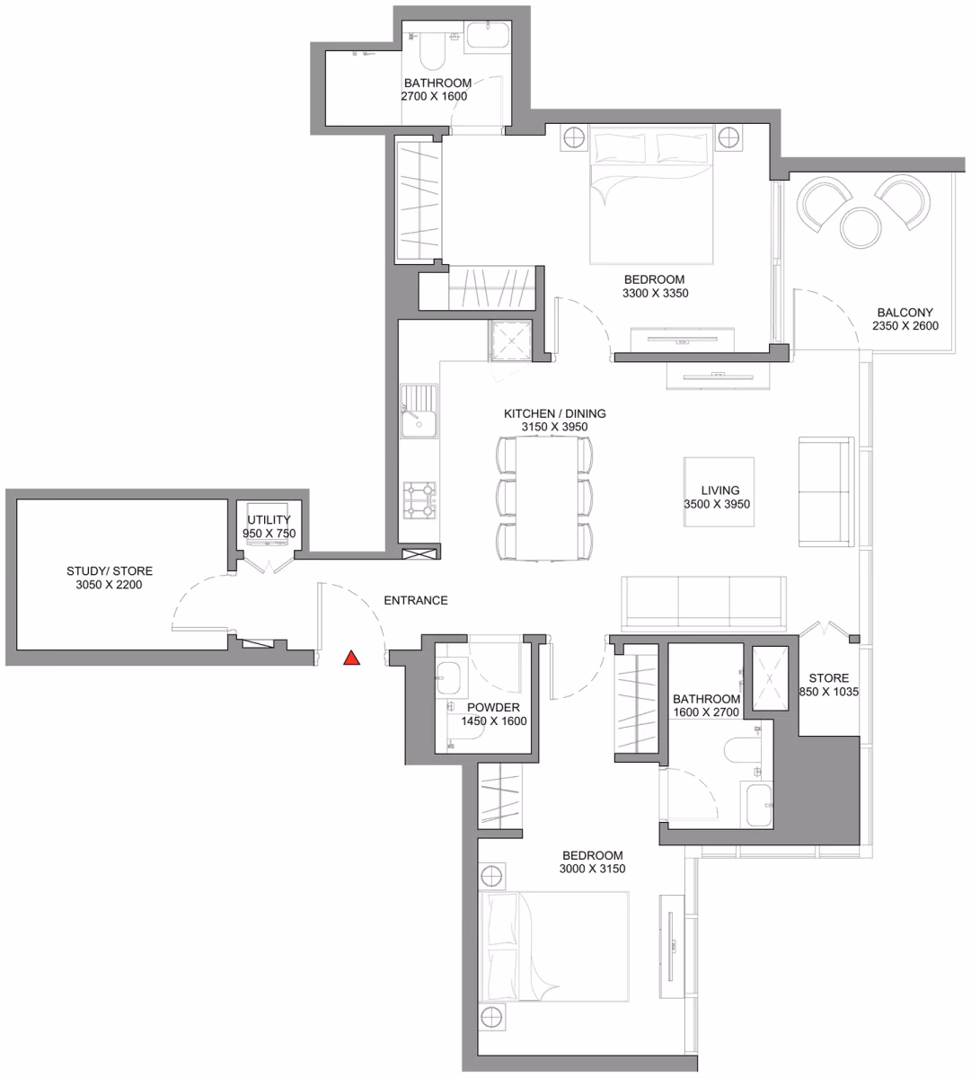 תוכנית 2 חדרי שינה · Type A ב־נדל"ן להשקעה Sobha Skyscape Avenue, באזור Sobha Hartland 2, דובאי