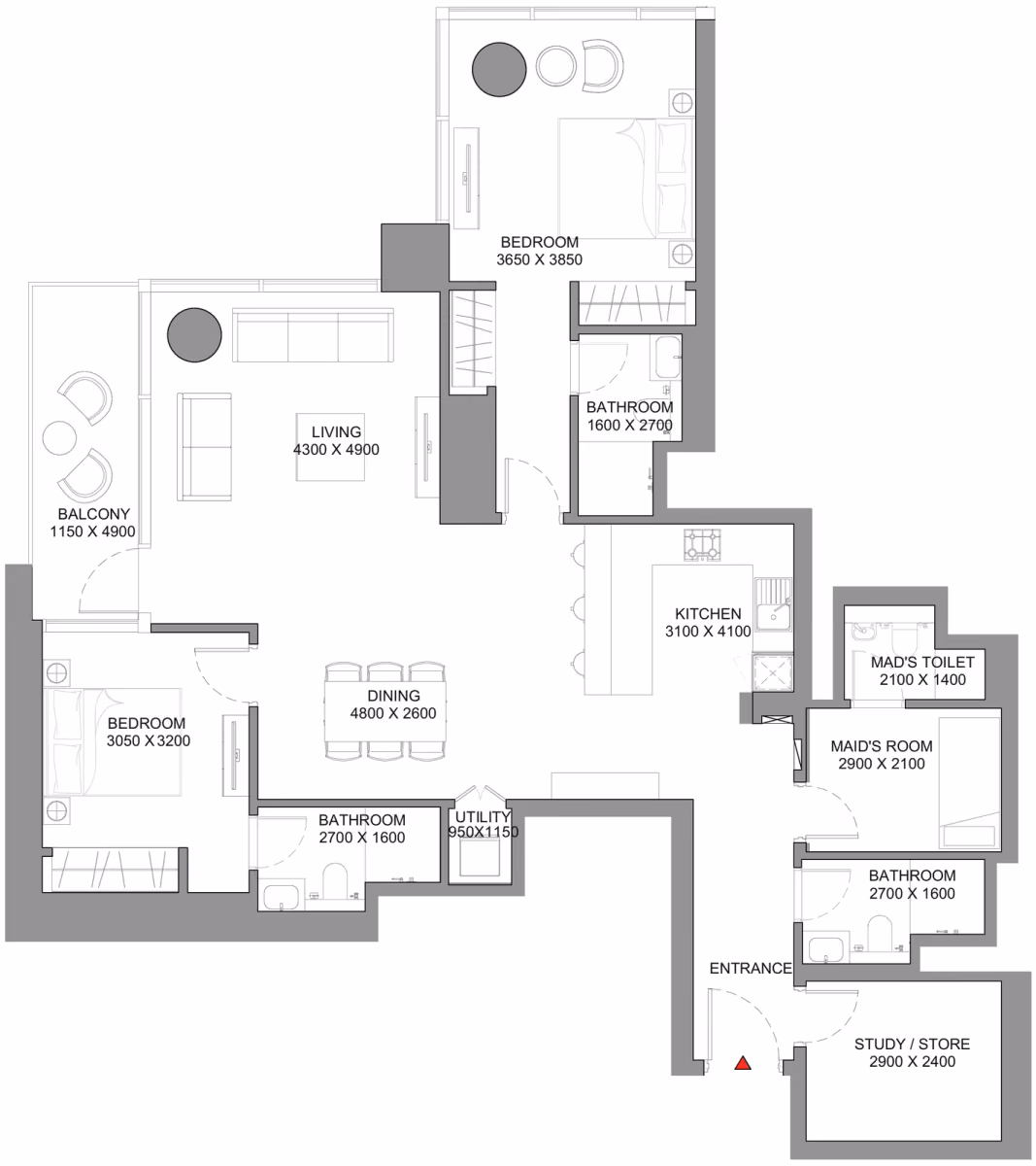 תוכנית 2 חדרי שינה · Type B ב־נדל"ן להשקעה Sobha Skyscape Avenue, באזור Sobha Hartland 2, דובאי