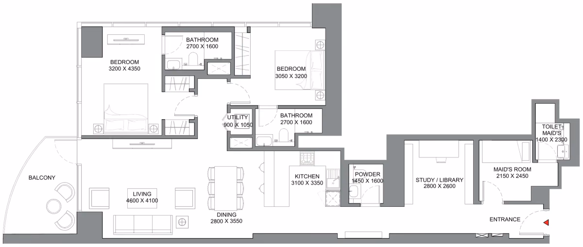תוכנית 2 חדרי שינה · Type C - Variant 1 ב־נדל"ן להשקעה Sobha Skyscape Avenue, באזור Sobha Hartland 2, דובאי