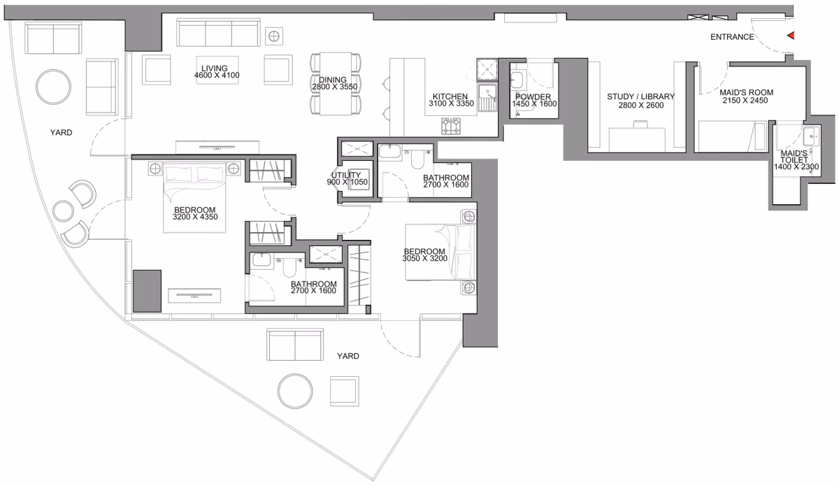 תוכנית 2 חדרי שינה · Type C - Variant 2 ב־נדל"ן להשקעה Sobha Skyscape Avenue, באזור Sobha Hartland 2, דובאי