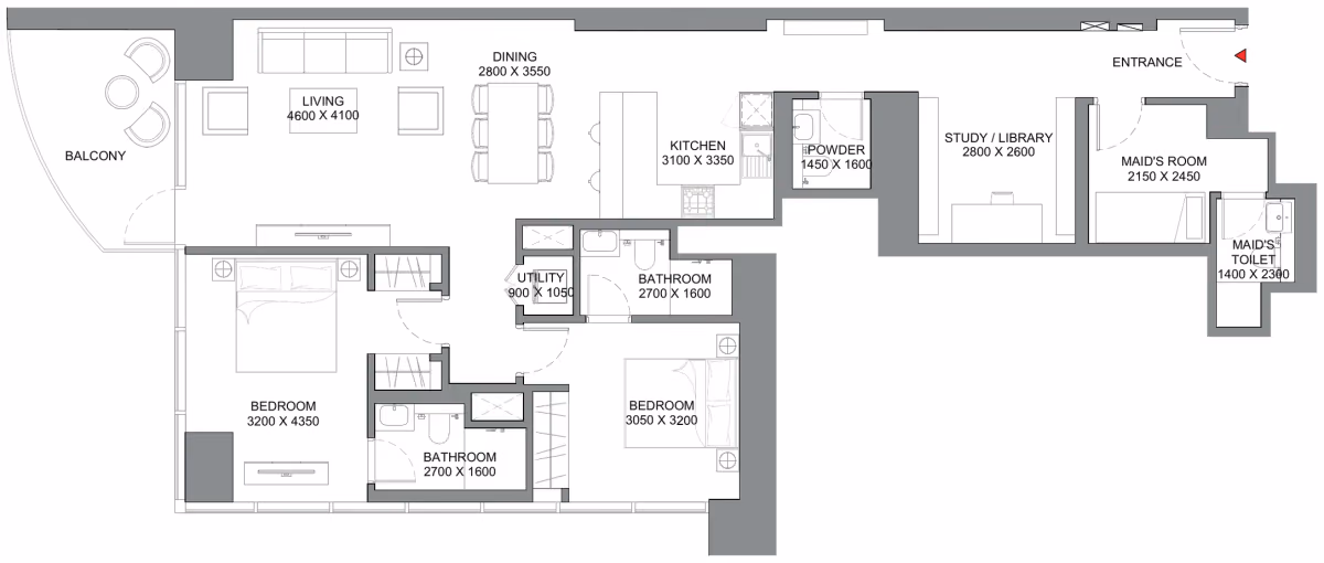 תוכנית 2 חדרי שינה · Type C ב־נדל"ן להשקעה Sobha Skyscape Avenue, באזור Sobha Hartland 2, דובאי